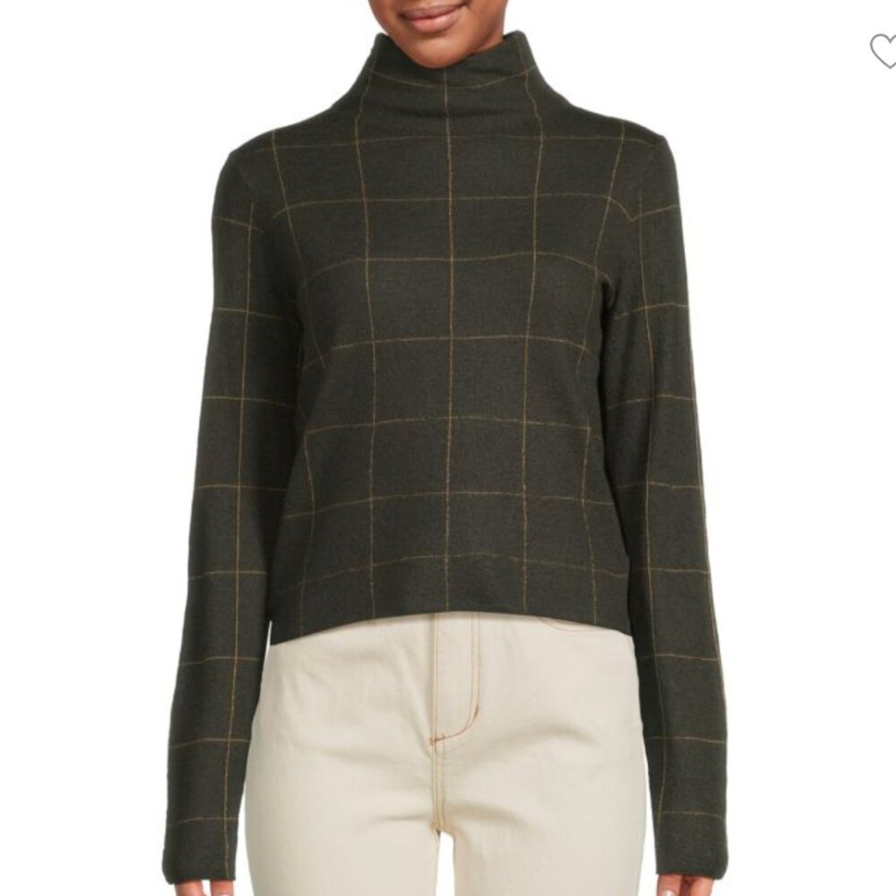 Vince Olive Green Windowpane Turtleneck boiled cashmere Sweater